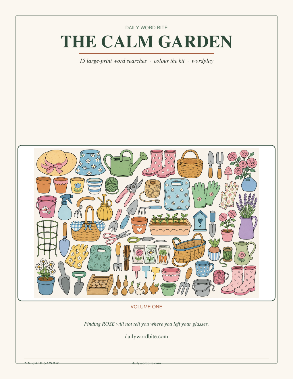 Cover of The Calm Garden Volume One: a packed garden kit waiting to be coloured, with large-print word searches.