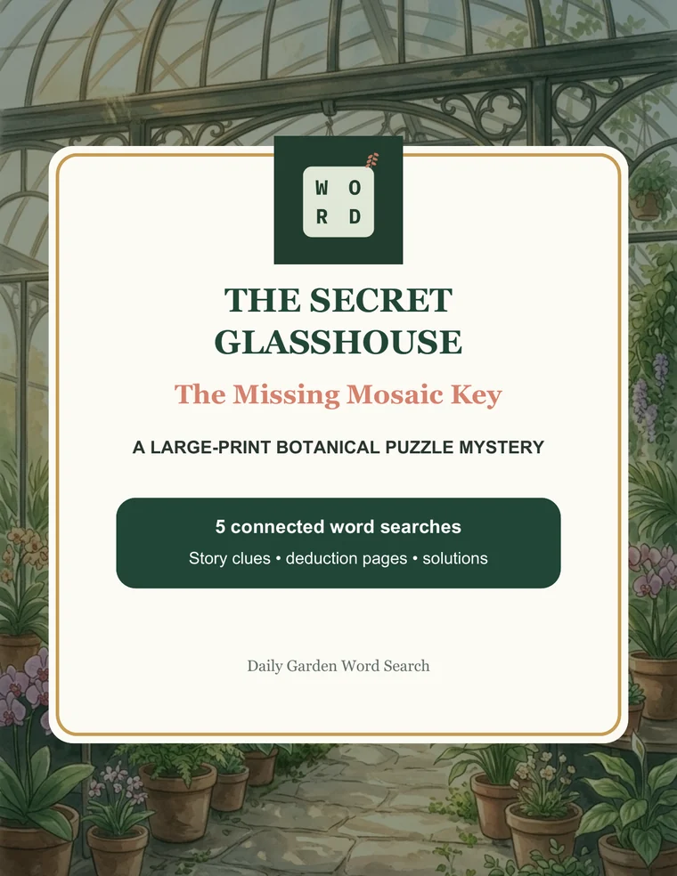 Cover of The Secret Glasshouse: The Missing Mosaic Key, a large-print botanical puzzle mystery.